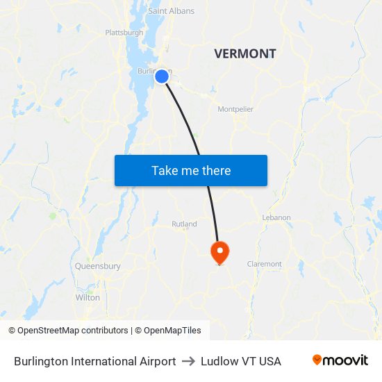 Burlington International Airport to Ludlow VT USA map