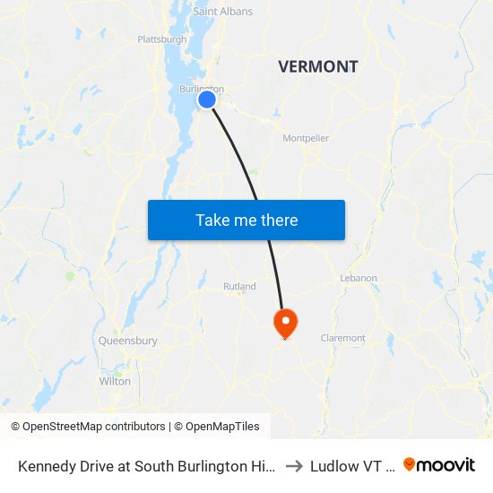 Kennedy Drive at South Burlington High School to Ludlow VT USA map