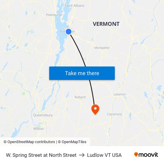 W. Spring Street at North Street to Ludlow VT USA map