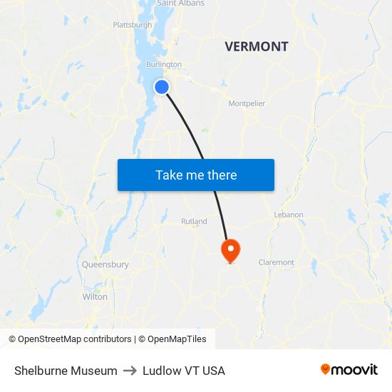 Shelburne Museum to Ludlow VT USA map