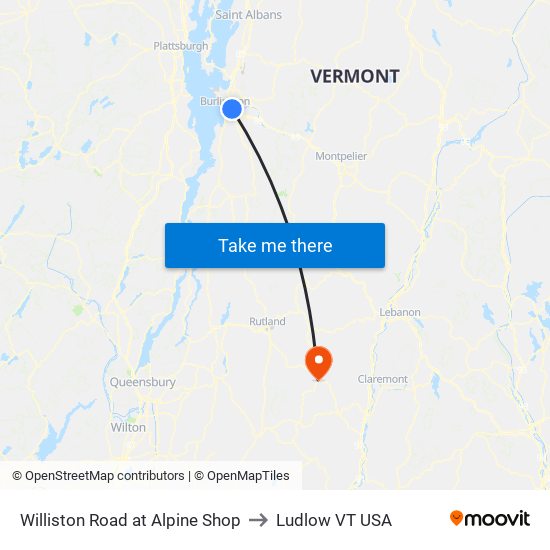 Williston Road at Alpine Shop to Ludlow VT USA map