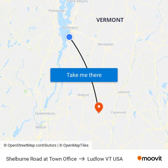 Shelburne Road at Town Office to Ludlow VT USA map