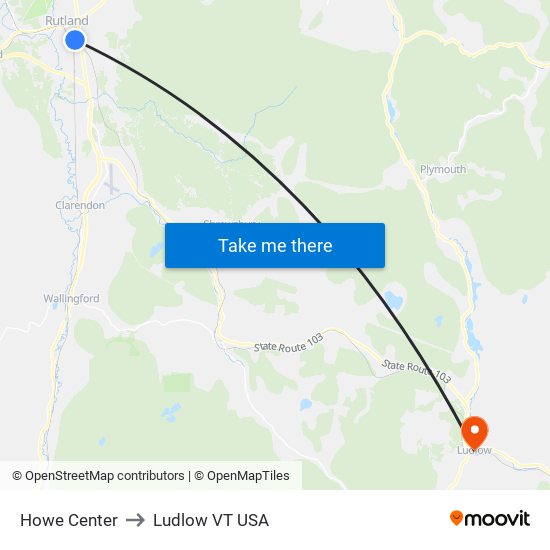 Howe Center to Ludlow VT USA map