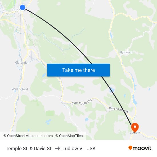 Temple St. & Davis St. to Ludlow VT USA map