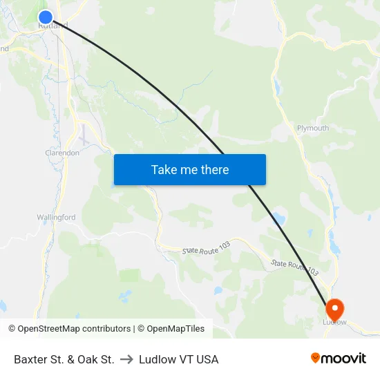 Baxter St. & Oak St. to Ludlow VT USA map
