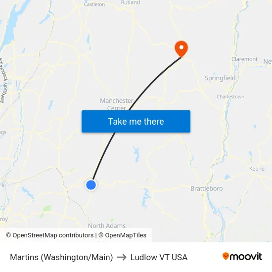 Martins (Washington/Main) to Ludlow VT USA map