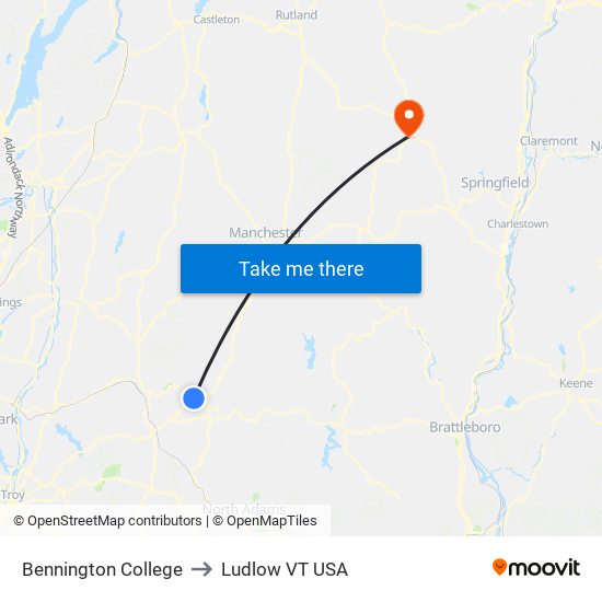 Bennington College to Ludlow VT USA map