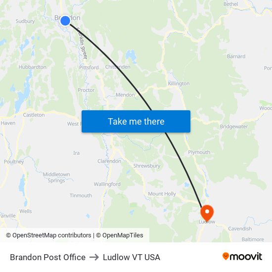 Brandon Post Office to Ludlow VT USA map