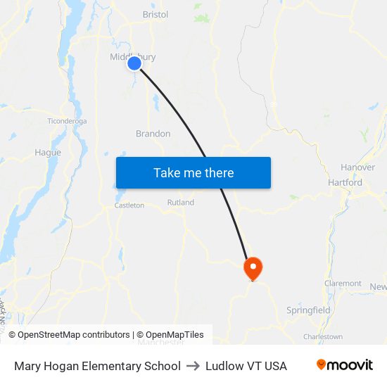 Mary Hogan Elementary School to Ludlow VT USA map