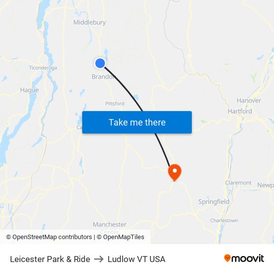 Leicester Park & Ride to Ludlow VT USA map