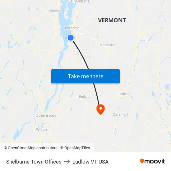 Shelburne Town Offices to Ludlow VT USA map