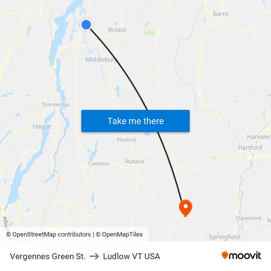 Vergennes Green St. to Ludlow VT USA map