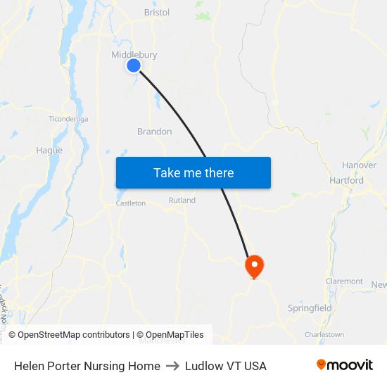 Helen Porter Nursing Home to Ludlow VT USA map