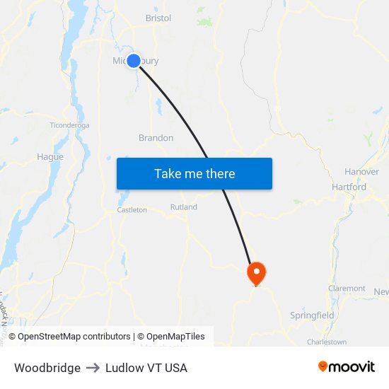 Woodbridge to Ludlow VT USA map