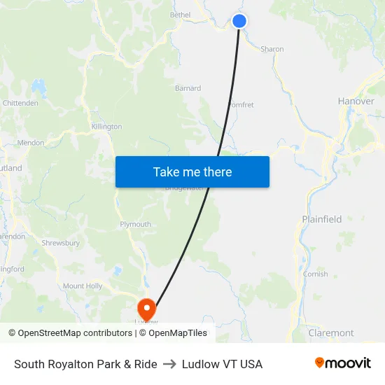 South Royalton Park & Ride to Ludlow VT USA map