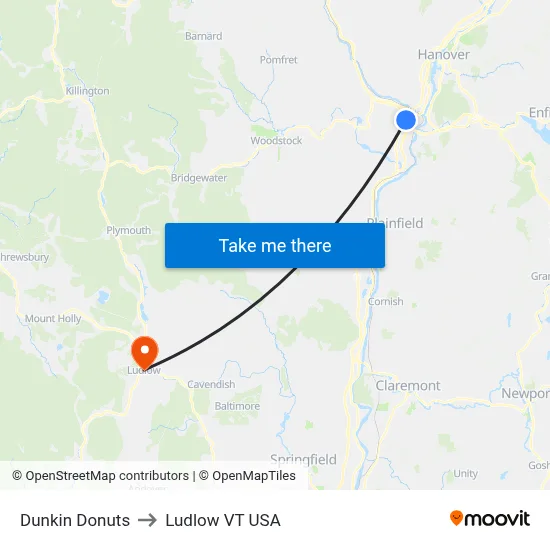 Dunkin Donuts to Ludlow VT USA map