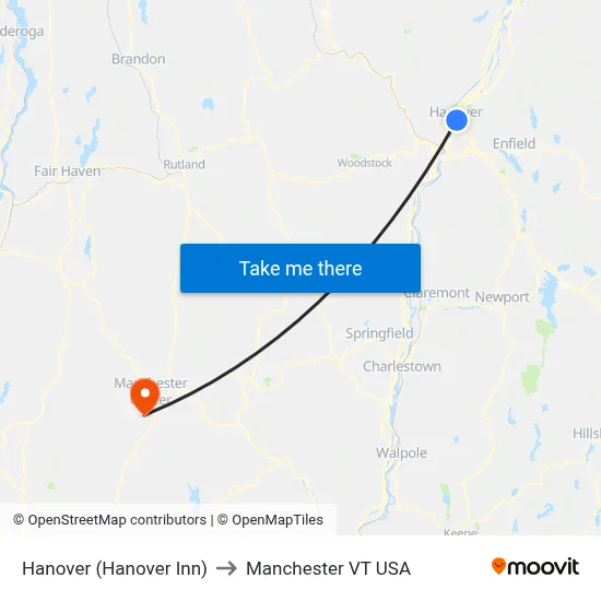 Hanover (Hanover Inn) to Manchester VT USA map