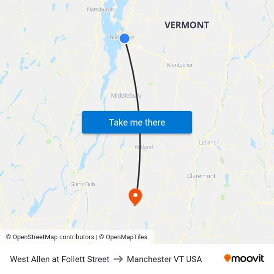 West Allen at Follett Street to Manchester VT USA map