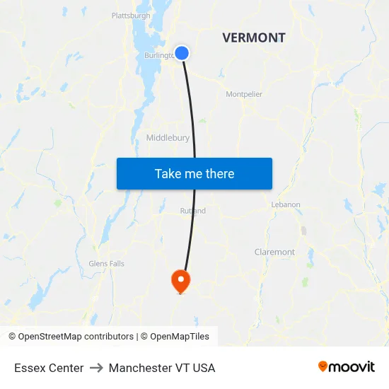 Essex Center to Manchester VT USA map