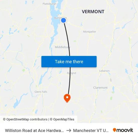 Williston Road at Ace Hardware to Manchester VT USA map