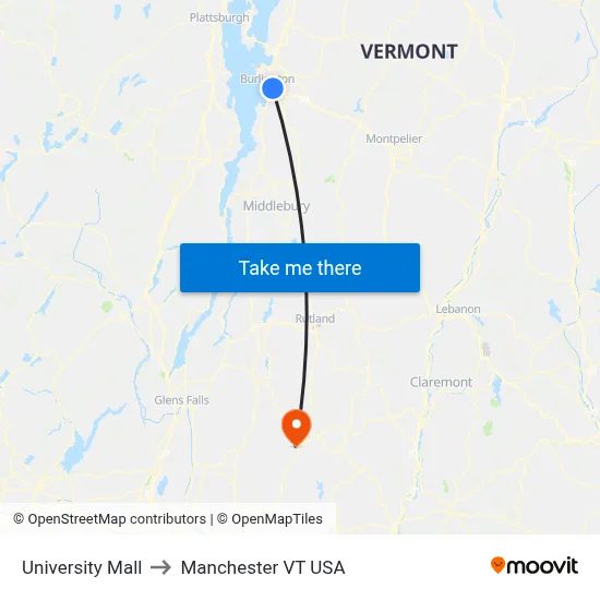 University Mall to Manchester VT USA map