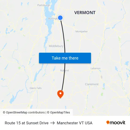 Route 15 at Sunset Drive to Manchester VT USA map