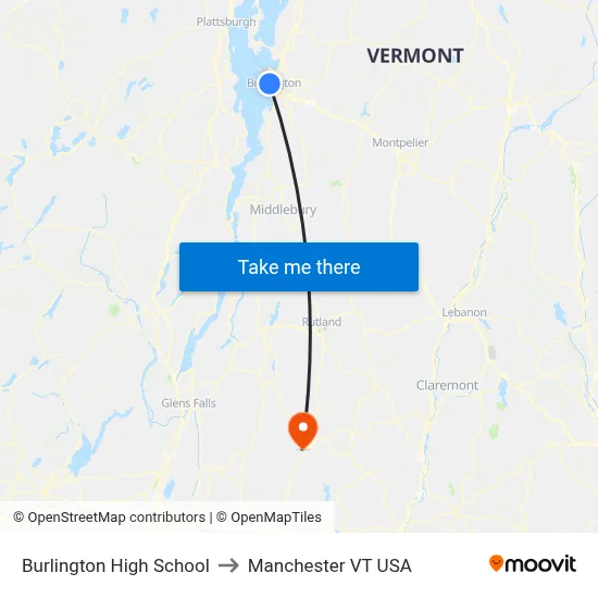 Burlington High School to Manchester VT USA map