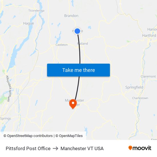 Pittsford Post Office to Manchester VT USA map