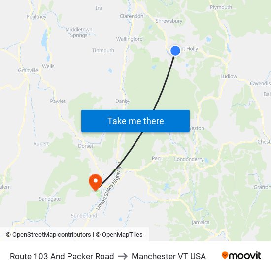 Route 103 And Packer Road to Manchester VT USA map