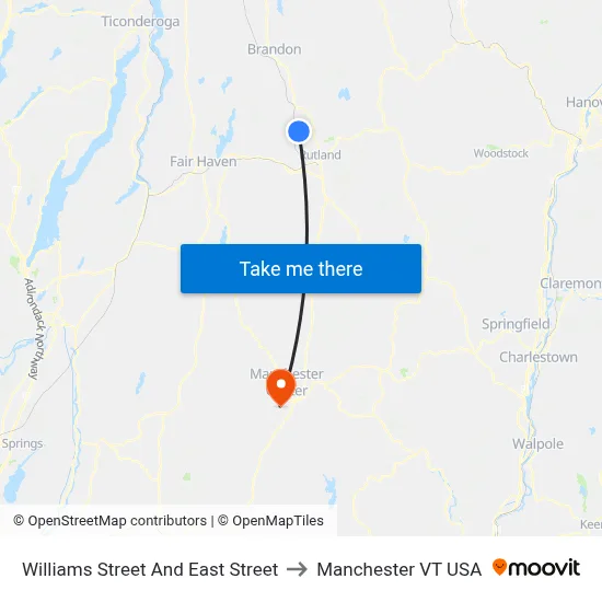 Williams Street And East Street to Manchester VT USA map