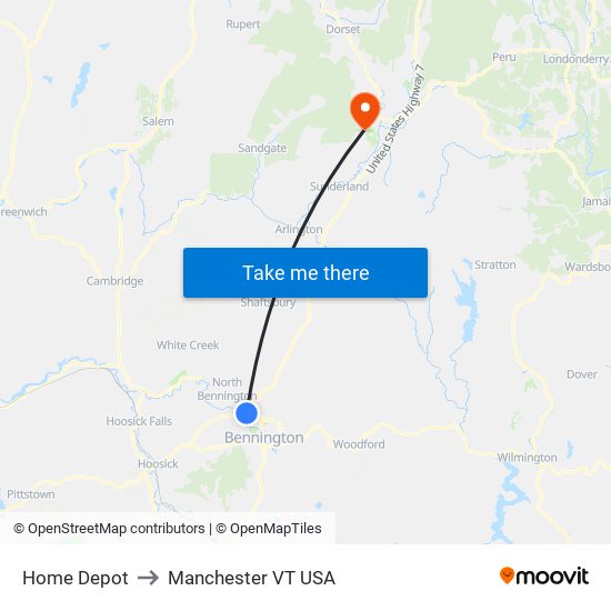 Home Depot to Manchester VT USA map