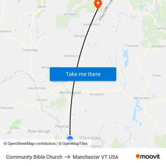 Community Bible Church to Manchester VT USA map