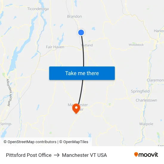 Pittsford Post Office to Manchester VT USA map