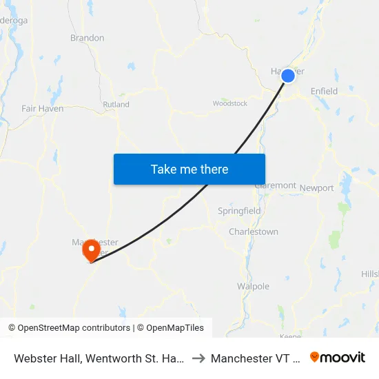 Webster Hall, Wentworth St. Hanover to Manchester VT USA map