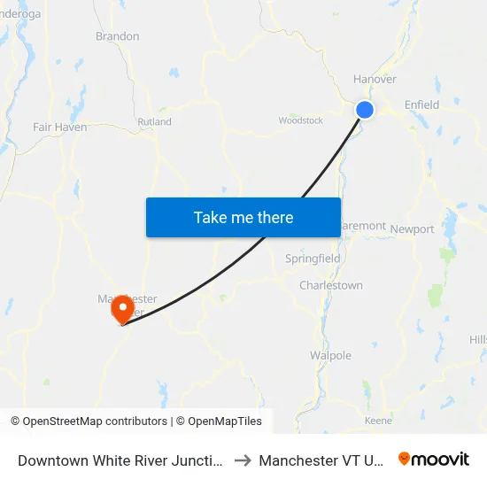 Downtown White River Junction to Manchester VT USA map