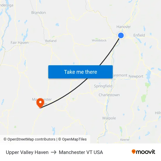 Upper Valley Haven to Manchester VT USA map