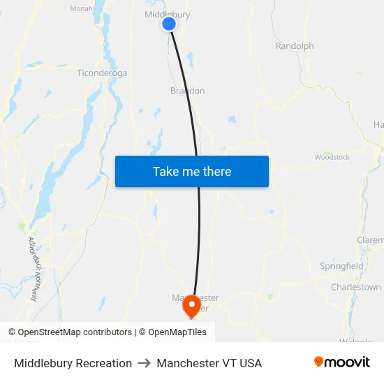 Middlebury Recreation to Manchester VT USA map