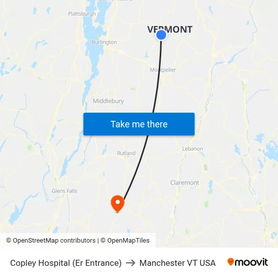 Copley Hospital (Er Entrance) to Manchester VT USA map