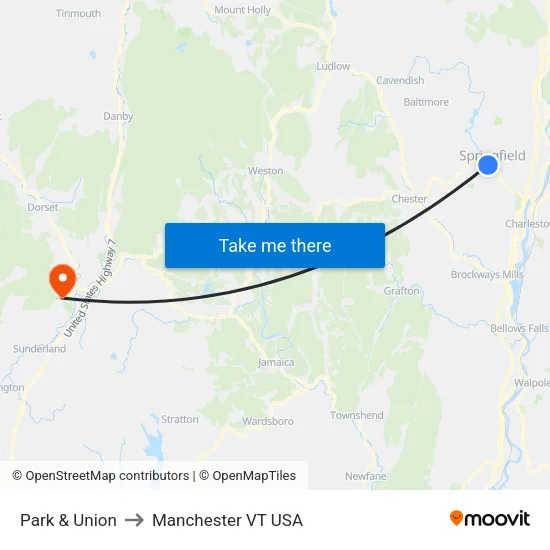 Park & Union to Manchester VT USA map