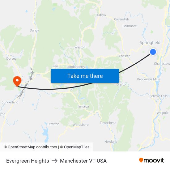 Evergreen Heights to Manchester VT USA map