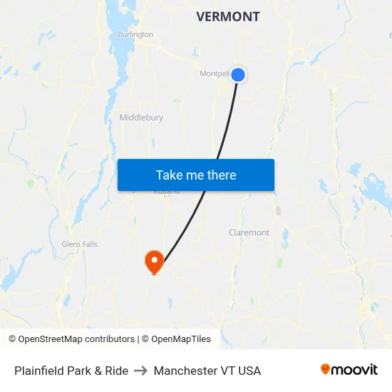 Plainfield Park & Ride to Manchester VT USA map
