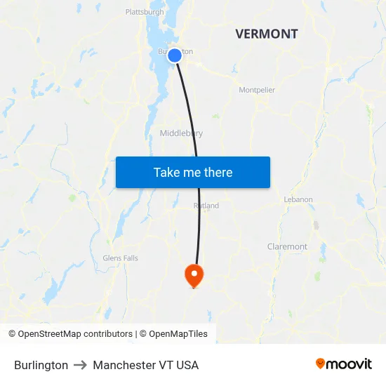 Burlington to Manchester VT USA map