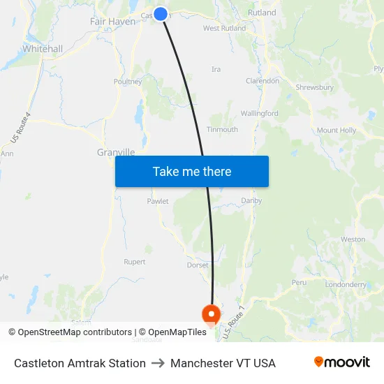 Castleton Amtrak Station to Manchester VT USA map