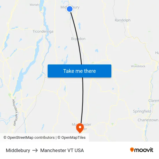 Middlebury to Manchester VT USA map