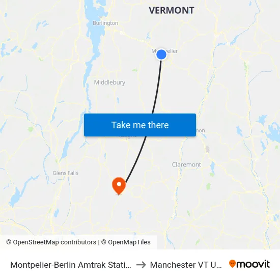 Montpelier-Berlin Amtrak Station to Manchester VT USA map