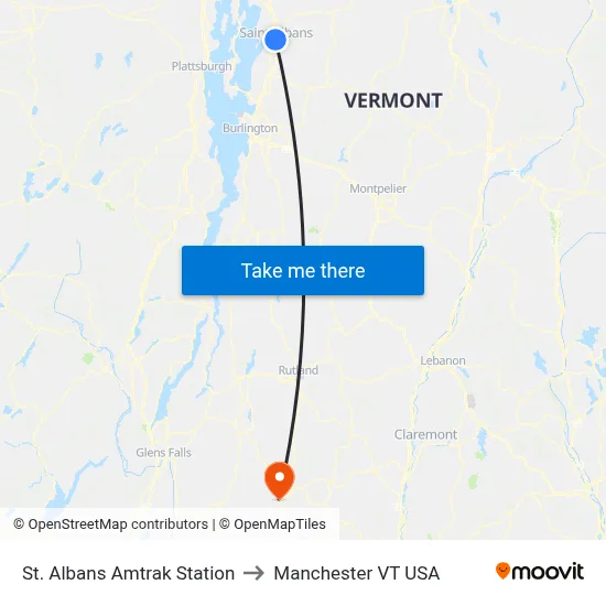 St. Albans Amtrak Station to Manchester VT USA map