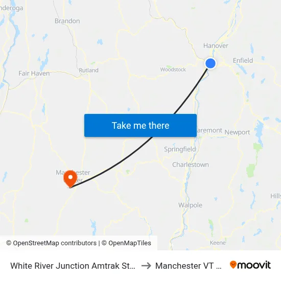 White River Junction Amtrak Station to Manchester VT USA map
