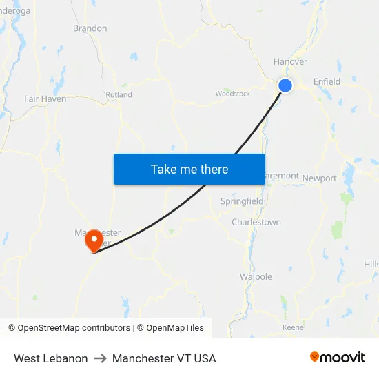 West Lebanon to Manchester VT USA map