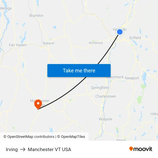 Irving to Manchester VT USA map