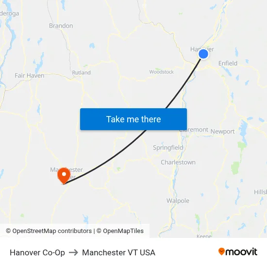 Hanover Co-Op to Manchester VT USA map